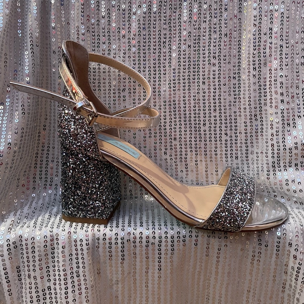 Betsey Johnson Blue glittery silver 3-inch block heel sandals